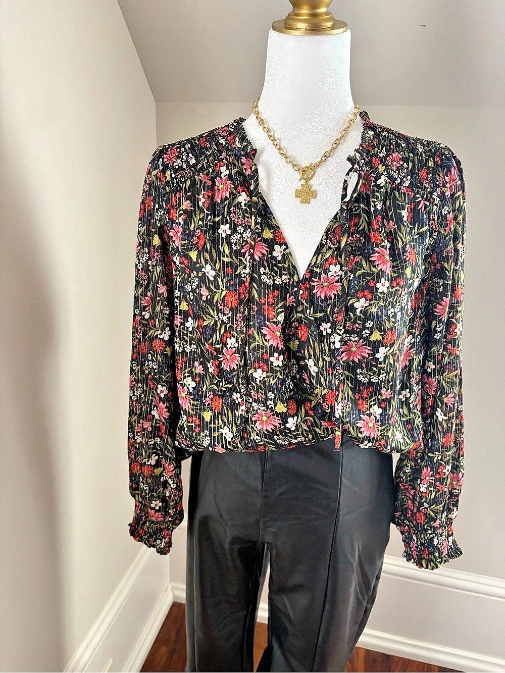 Old Navy Long-Sleeve Metallic Floral Smocked Peasant Blouse Large